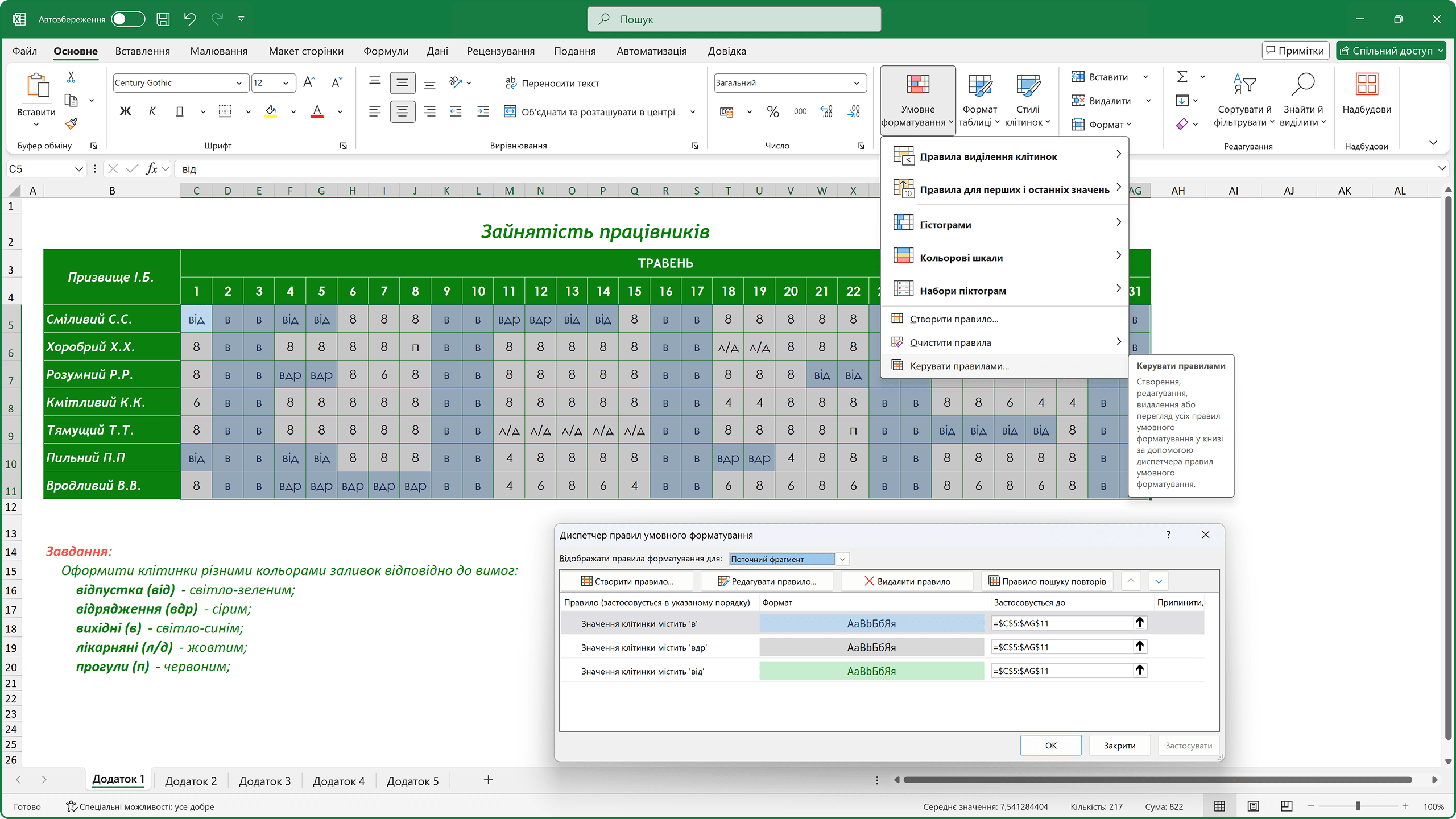 Редагування правил умовного форматування.